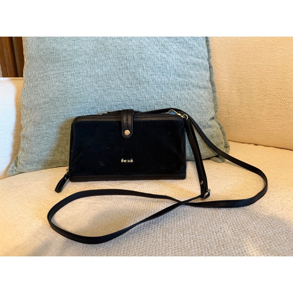 The‎ Sak Black Leather Suede Crossbody Wallet Bag Purse Snap Front